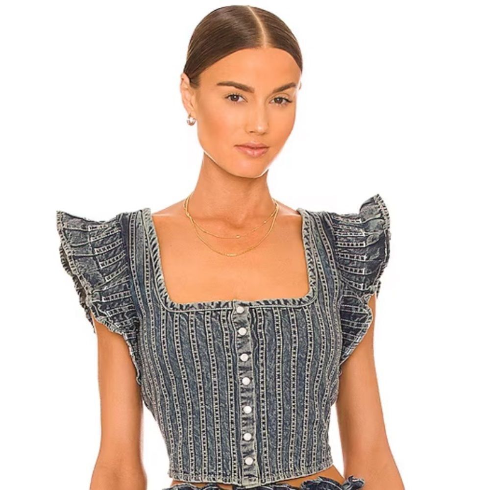 LOVE THE LABEL | REVOLVE NEW Snap Front Denim Corset Cropped Top Women’s Size L